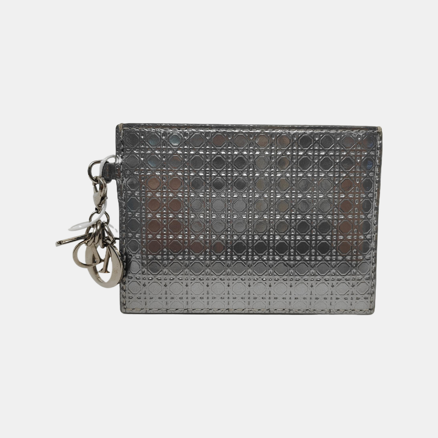 DIOR Lady Dior Silver Patent Leather Woven Quilted Diagonal Card Case Silver Hardware-(SKU)-941217354