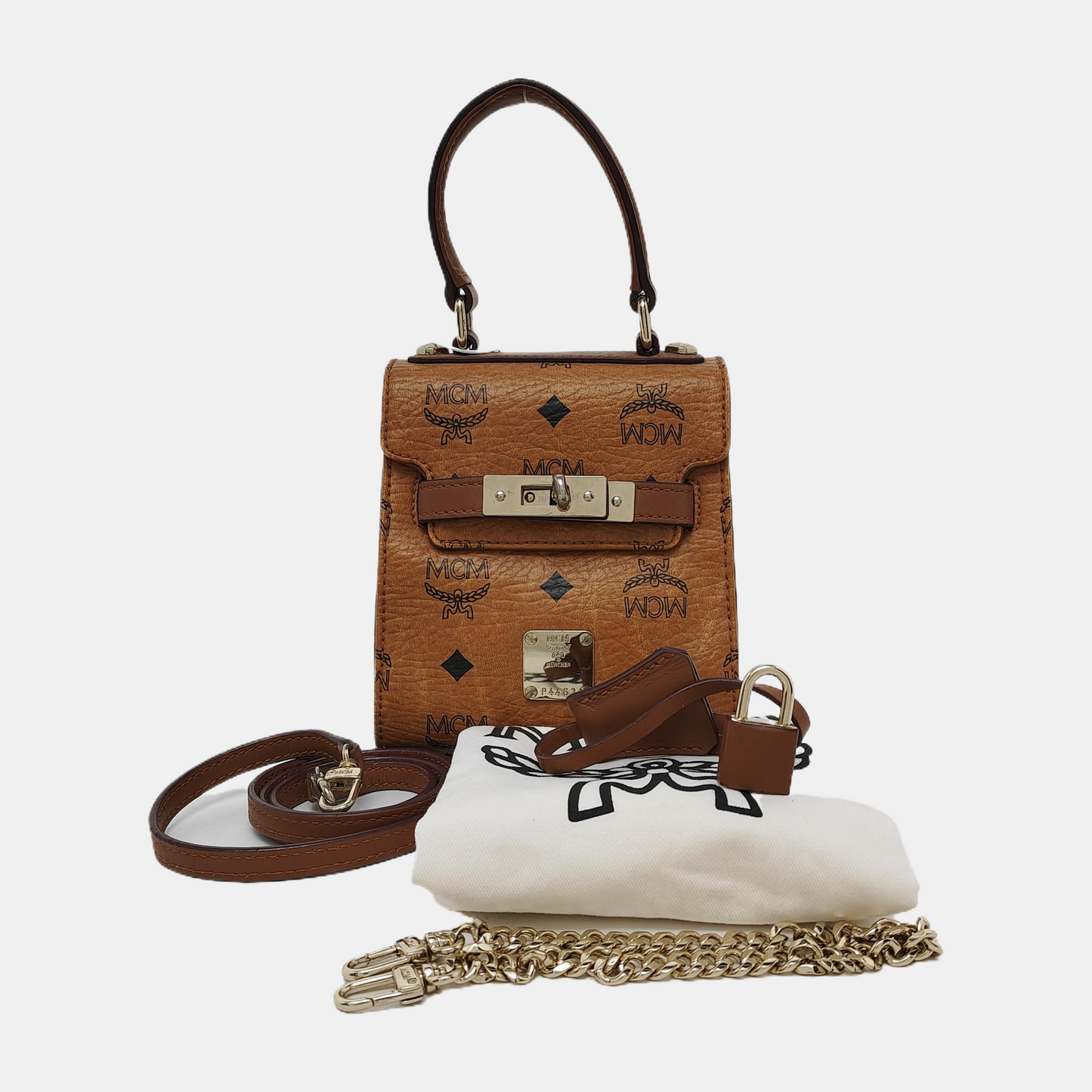 MCM Cognac Coated Canvas Monogrammed Single Shoulder Bag Tote Bag Crossbody Bag Golden hardware shoulder straps-(SKU)-940158793