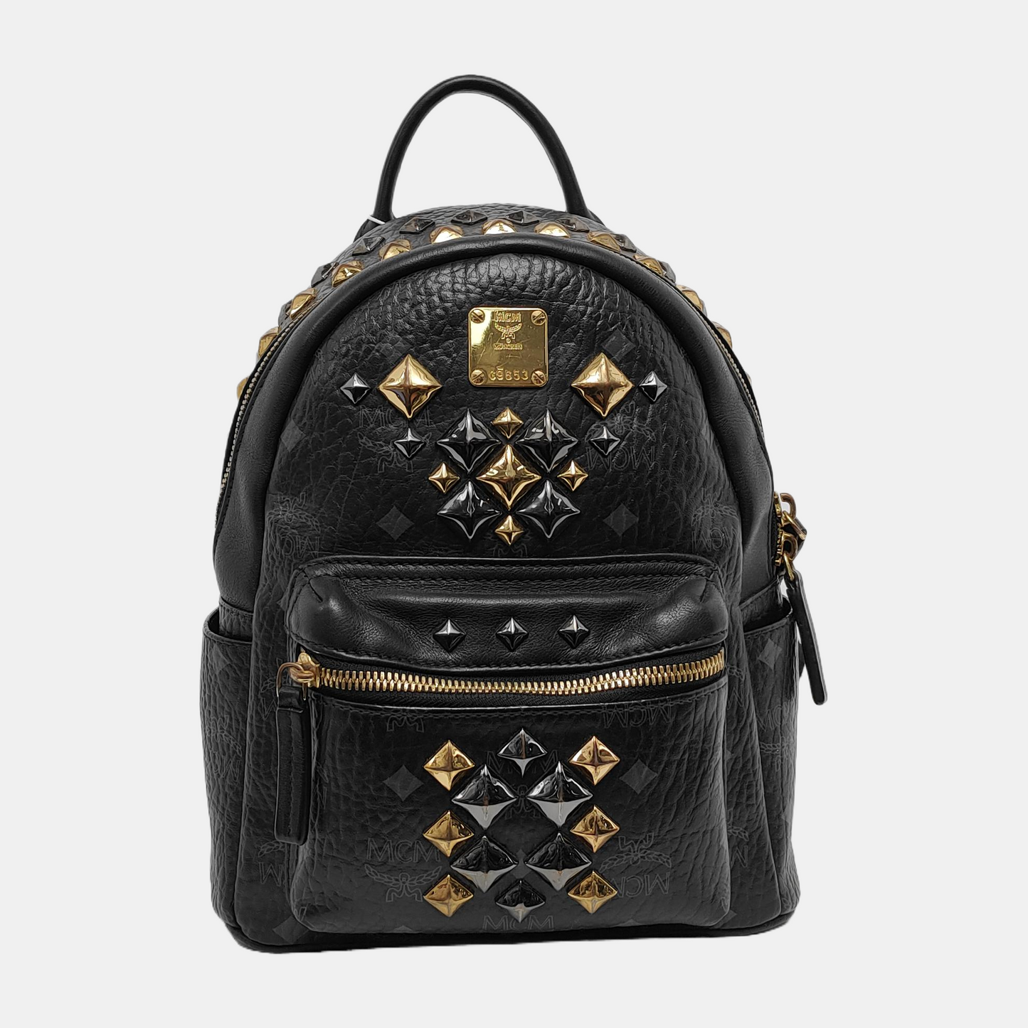MCM STARK mini Black Coated Canvas Monogram Studs Backpack Golden hardware-(SKU)-940746737