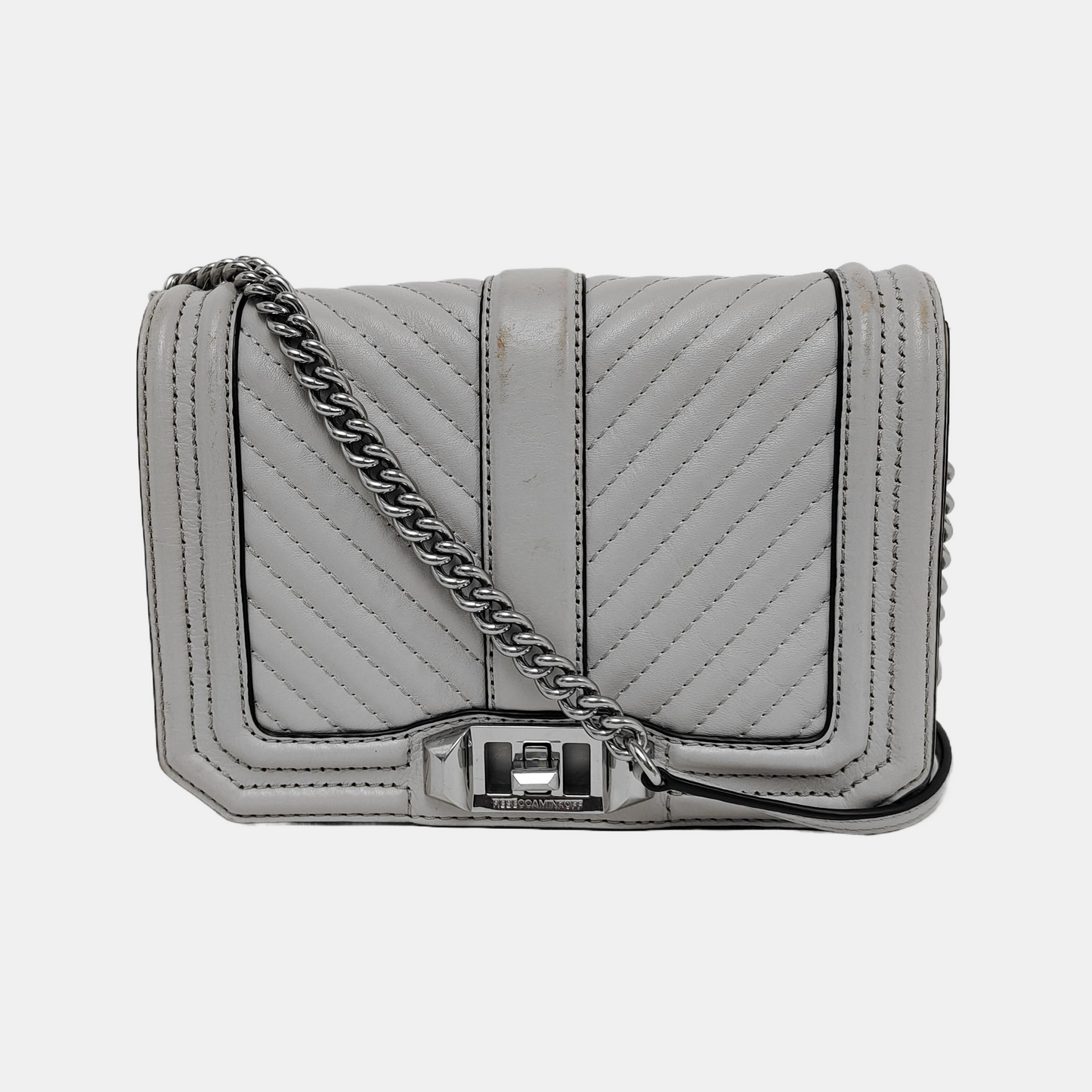 REBECCA MINKOFF Love Small size Gray leather quilted crossbody bag/shoulder bag Silver Hardware-(SKU)-943935965