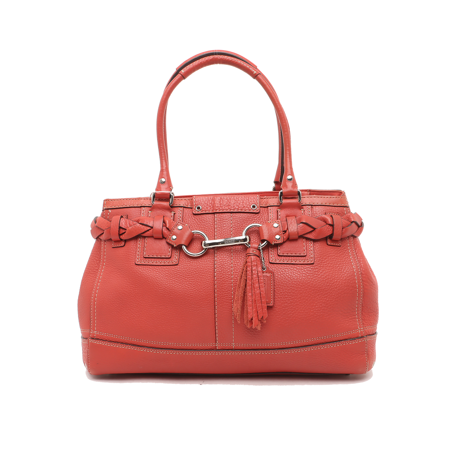 COACH HAMPTON Watermelon Red Calf Leather Fringe Weave Handbag Silver Hardware-(SKU)-928565147