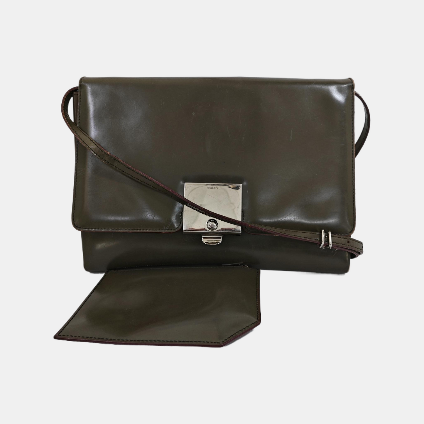 BALLY Dark Green Leather Crossbody Bag Single Shoulder Bag Silver Hardware Pouch detachable shoulder strap-(SKU)-940675885