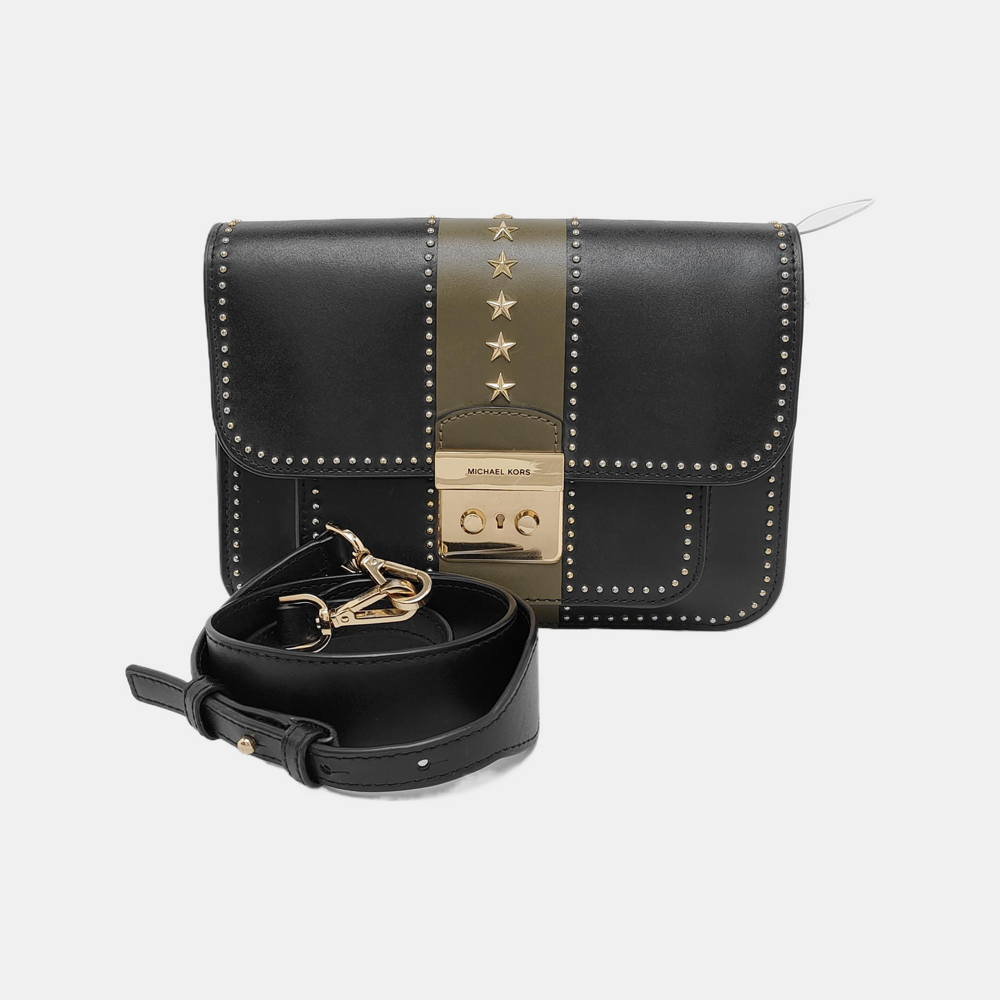 MICHAEL KORS Sloan Editor Medium size Black Leather Studs Single Shoulder Bag Golden hardware Removable shoulder strap-(SKU)-940342508