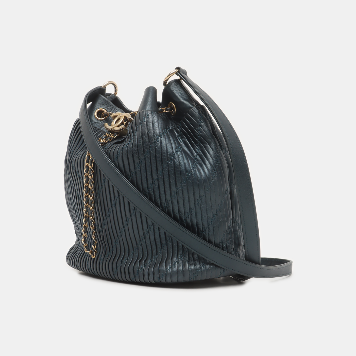 CHANEL DRAWSTRING Deep Blue Lamb Leather Quilted Shoulder Bag with Removable Strap-(SKU)-939912188