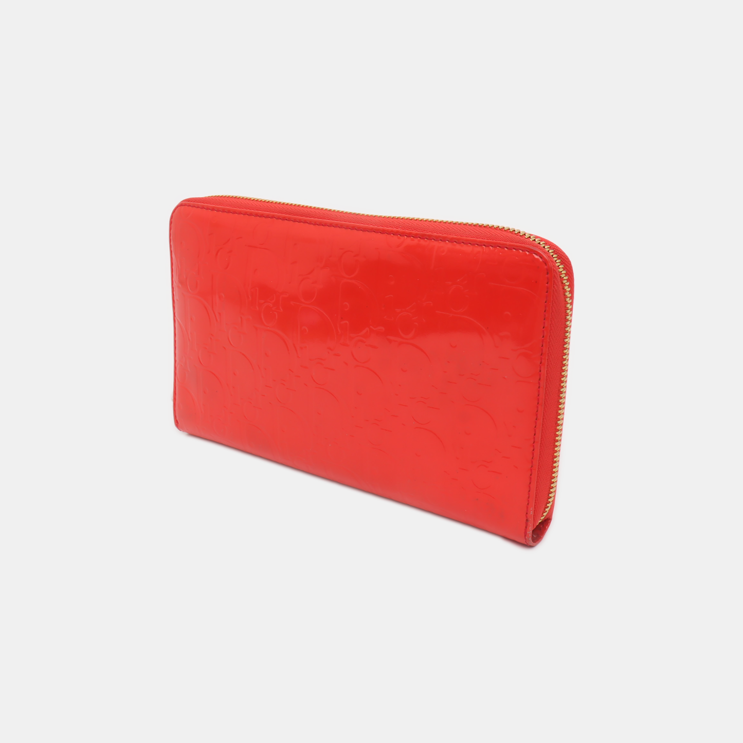 DIOR Red Patent Leather Monogrammed Quilted Clutch Golden hardware-(SKU)-939810644