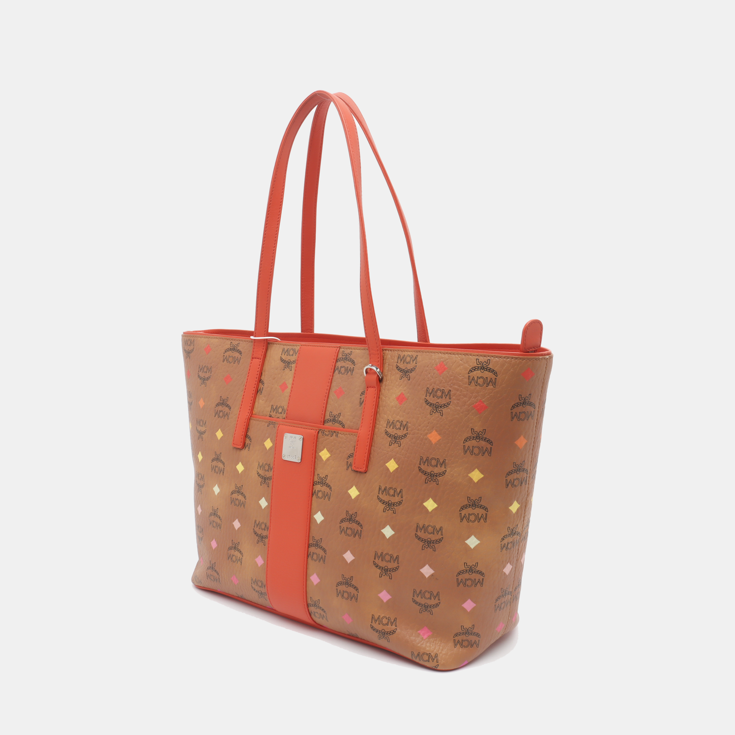 MCM ANYA Medium size Cognac Coated Canvas Monogrammed Single Shoulder Bag Tote Silver Hardware-(SKU)-936157211