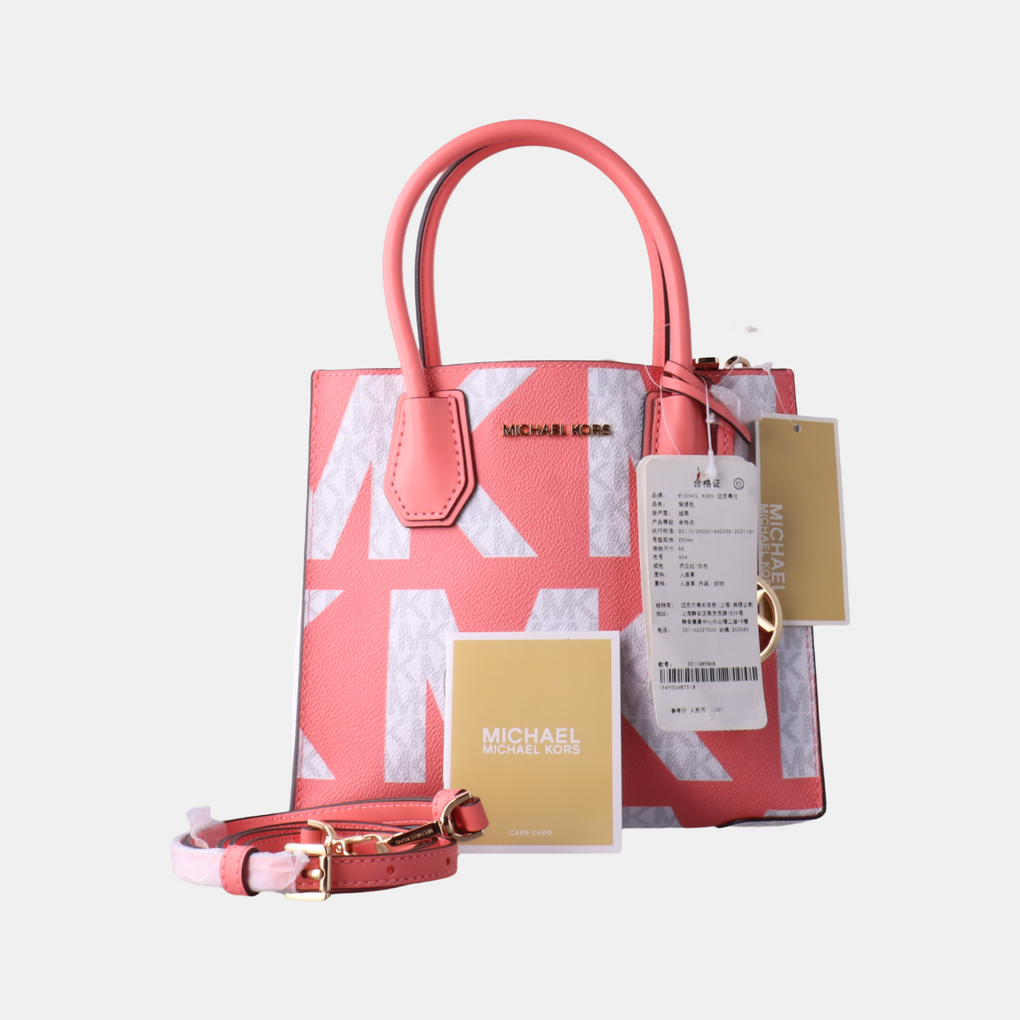 MICHAEL KORS Mercer Medium size Pink coated canvas vintage crossbody bag shoulder bag tote bag handbag Golden hardware Removable shoulder strap-(SKU)-14044791