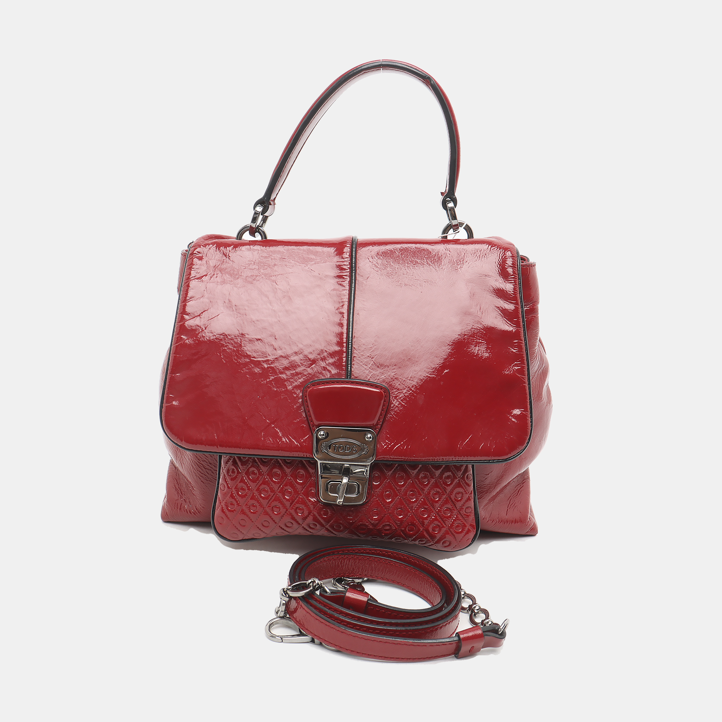 TOD'S Burgundy Patent Leather Quilted Single Shoulder Bag Ruthenium color hardware Removable shoulder strap-(SKU)-931990253