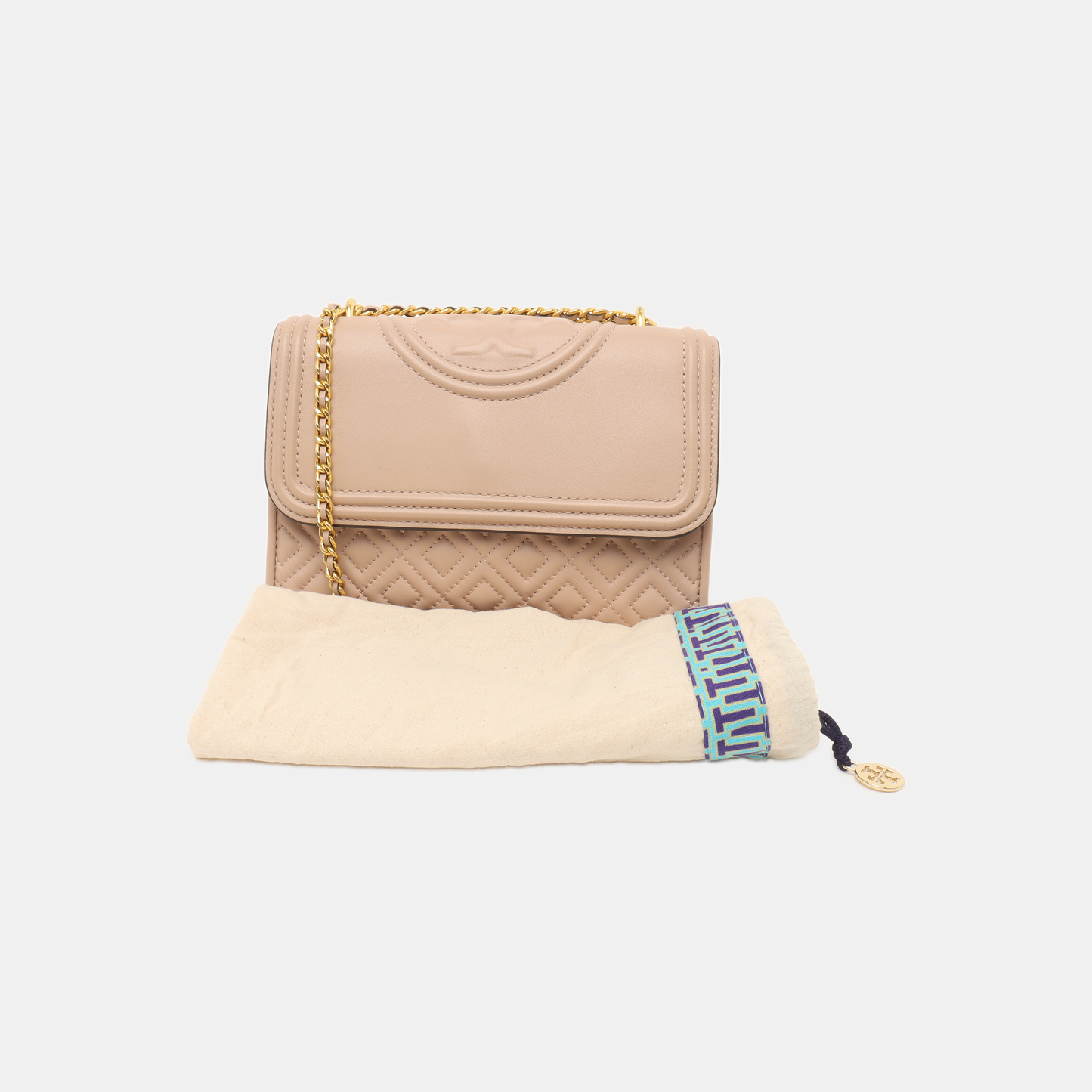 TORY BURCH Fleming Small size Nude Pink Cowhide Quilted Fringe Shoulder Bag Crossbody Golden hardware-(SKU)-14255932