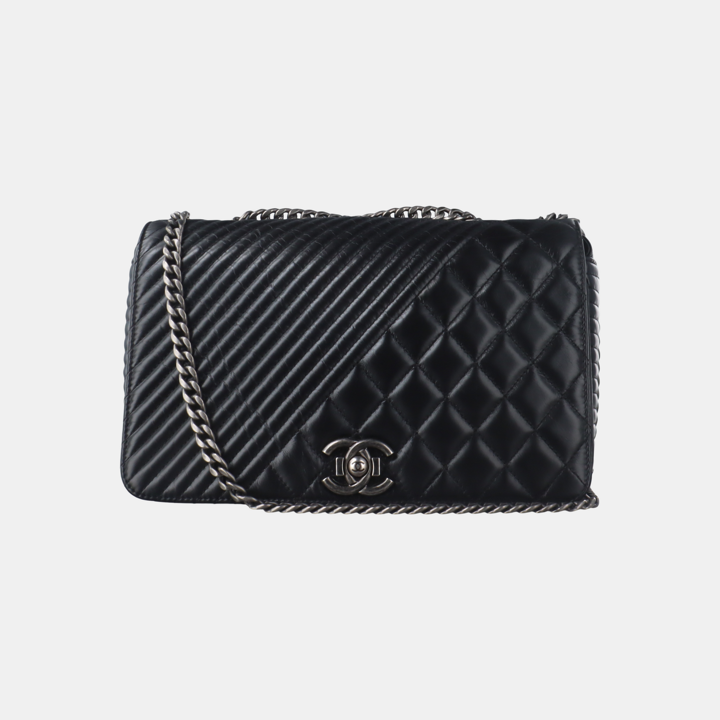 CHANEL COCO BOY Black Quilted Calfskin Leather Crossbody Shoulder Bag Palladium Hardware 20 Clasp-(SKU)-14466373