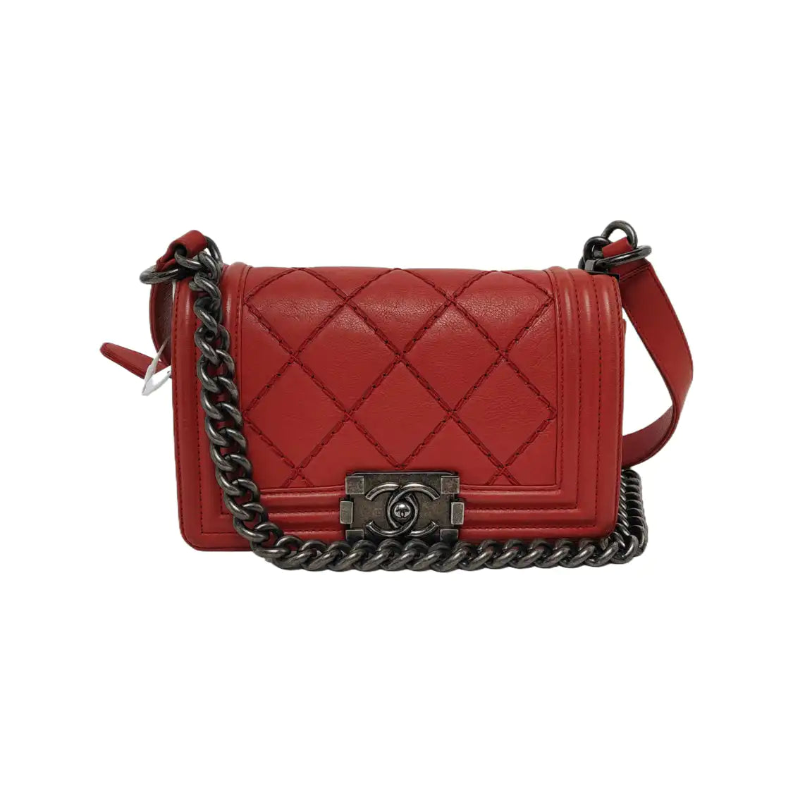 CHANEL BOY CHANEL Small Size Red Calfskin Quilted Chevron Single Shoulder Bag Crossbody Bag Rhodium Plated Hardware 18 Clasp Removable Shoulder Strap-(SKU)-943373745