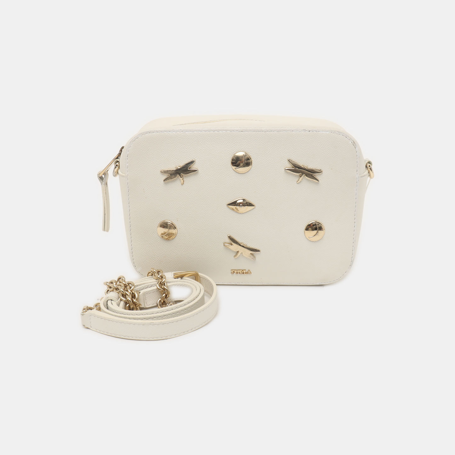 FURLA White Leather Studs Shoulder Bag Golden hardware Removable shoulder strap-(SKU)-939909071