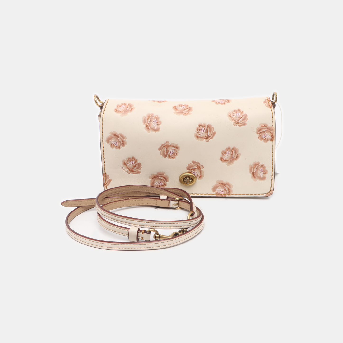 COACH DINKY Medium size White Leather Printed Sling Bag Golden hardware Removable shoulder strap-(SKU)-937355790