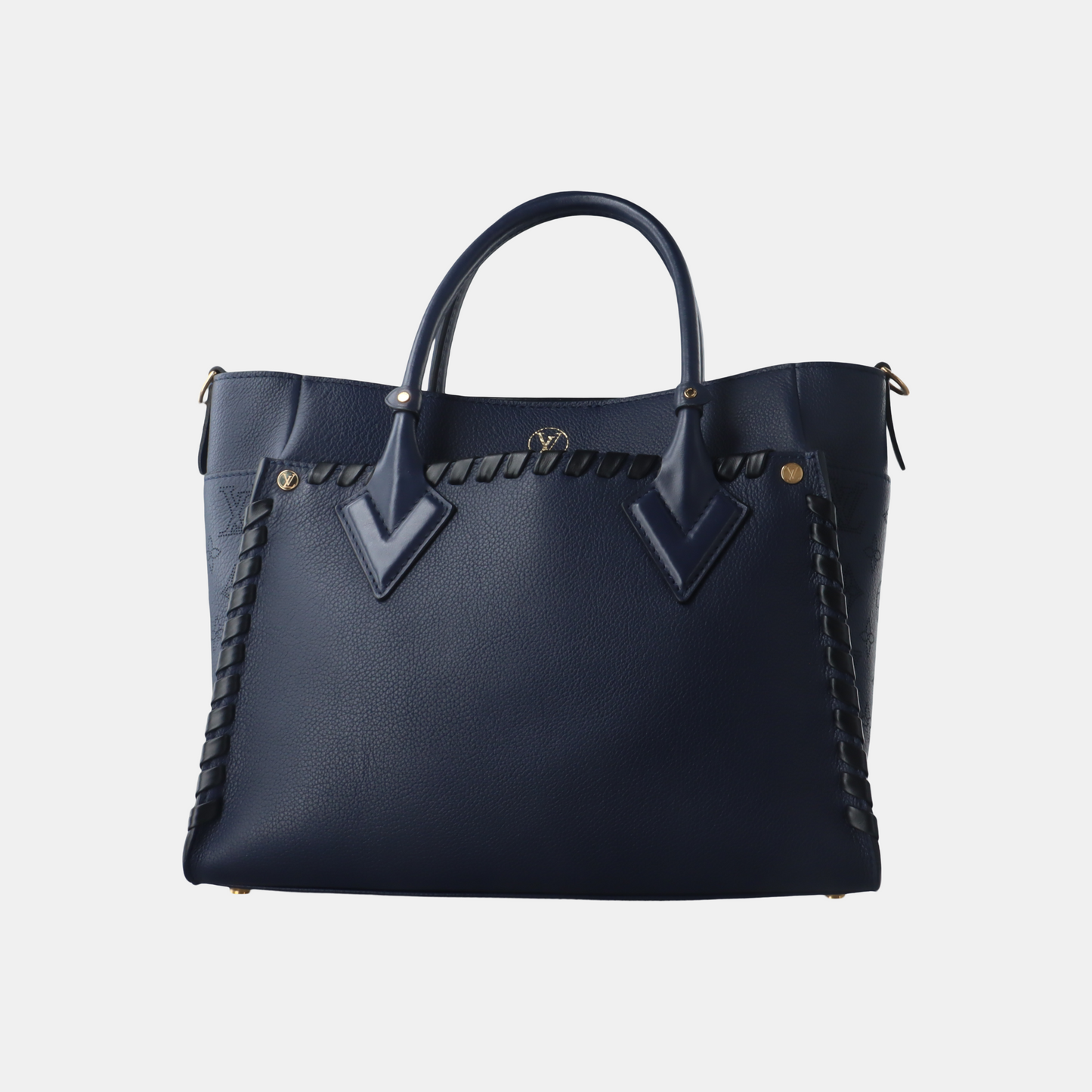 LOUIS VUITTON ON MY SIDE Medium Dark Blue Leather Woven Shoulder Bag, Gold Hardware, Removable Shoulder Strap-(SKU)-14487079