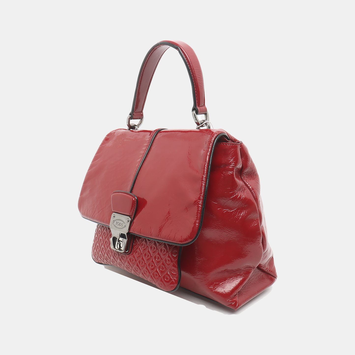 TOD'S Burgundy Patent Leather Quilted Single Shoulder Bag Ruthenium color hardware Removable shoulder strap-(SKU)-931990253