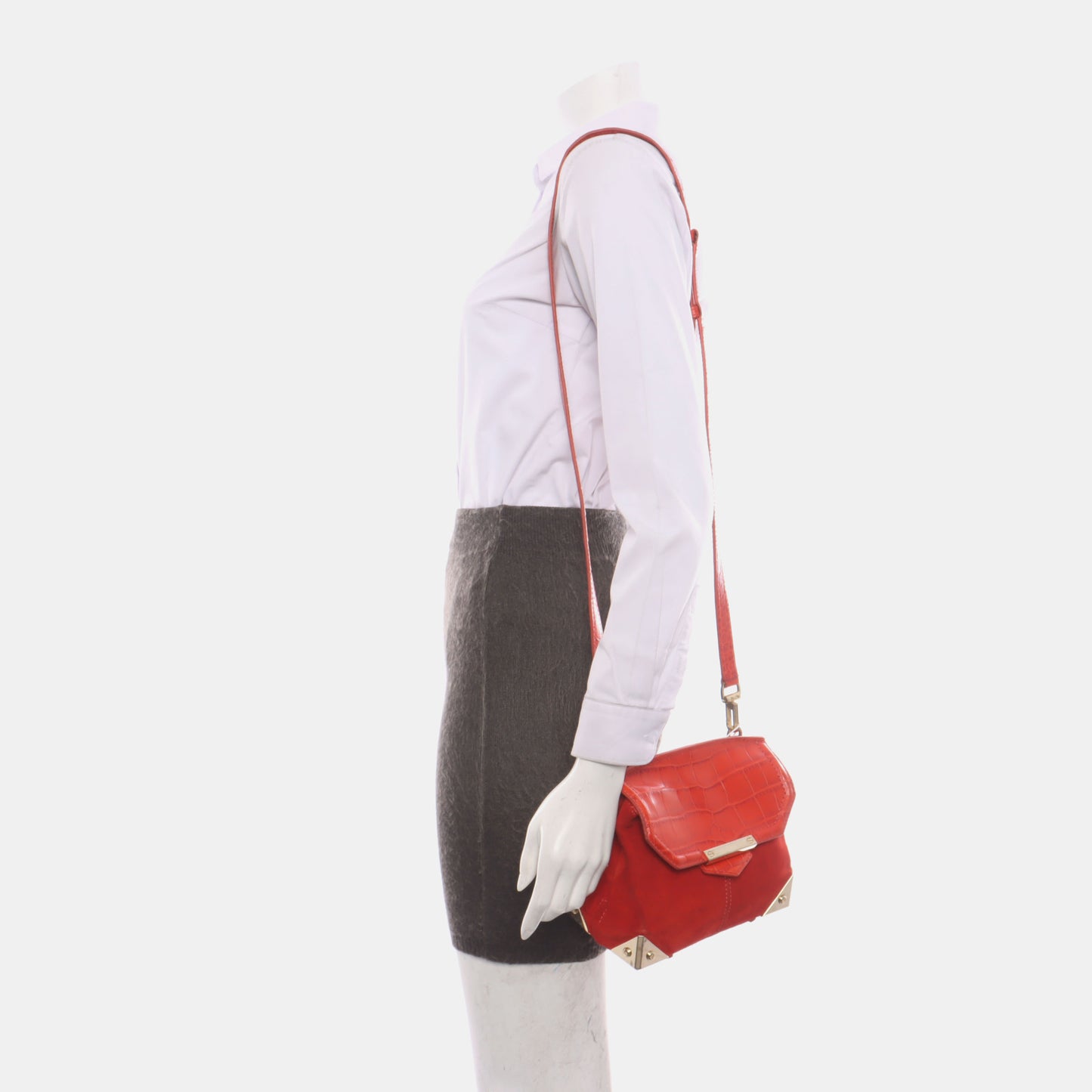 Alexander Wang Marion Orange-red suede rivet crocodile-pattern shoulder bag/crossbody bag Golden hardware Removable shoulder strap-(SKU)-928445182