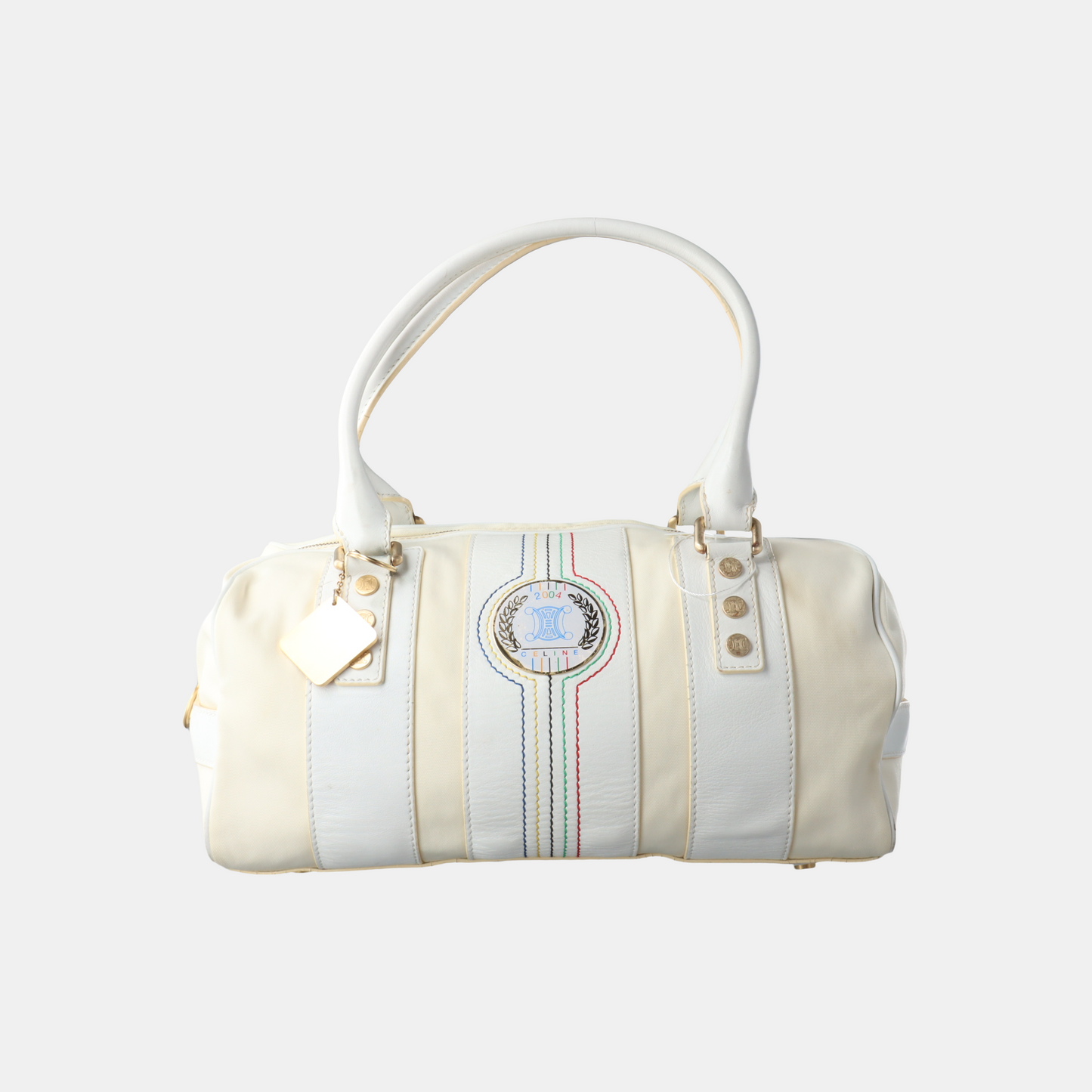 CELINE White Canvas Printed Single Shoulder Bag Handbag Golden hardware-(SKU)-13501989