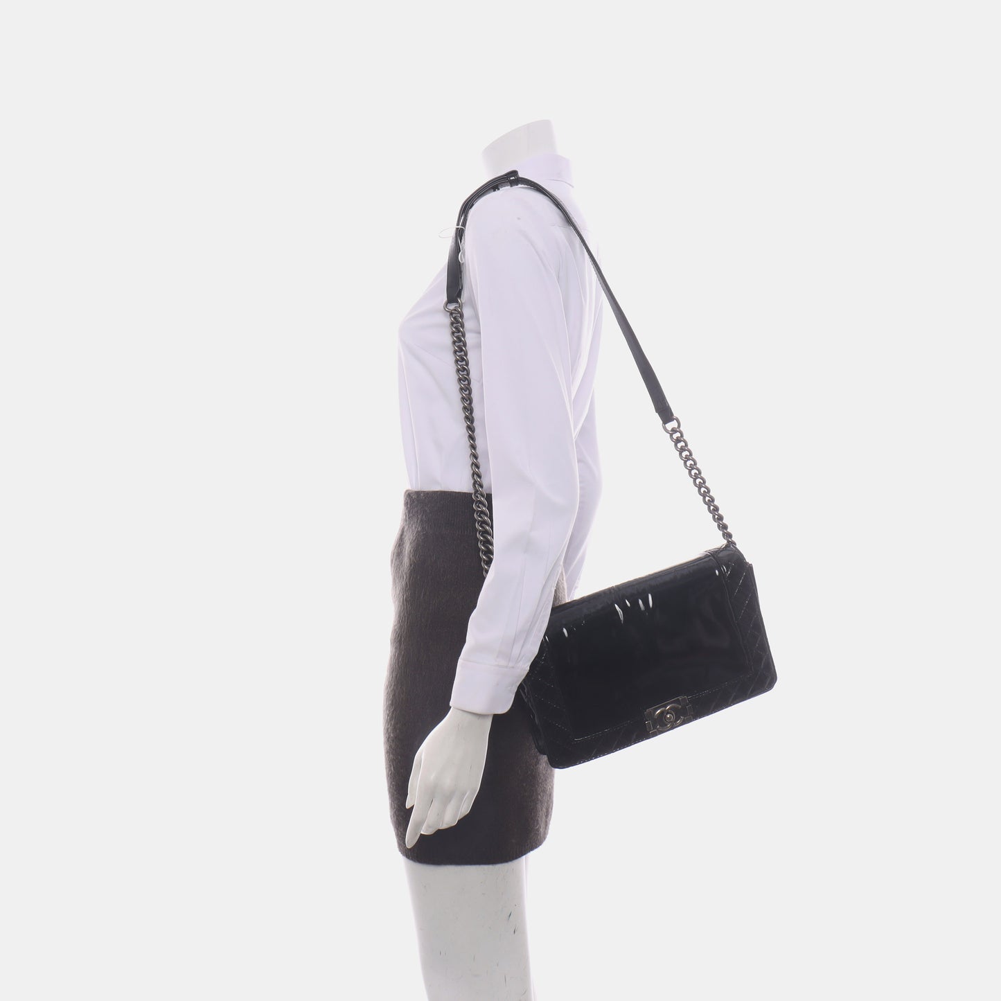 CHANEL BOY CHANEL Large Black Patent Leather Quilted Diagonal Shoulder Bag with Detachable Strap-(SKU)-14067527