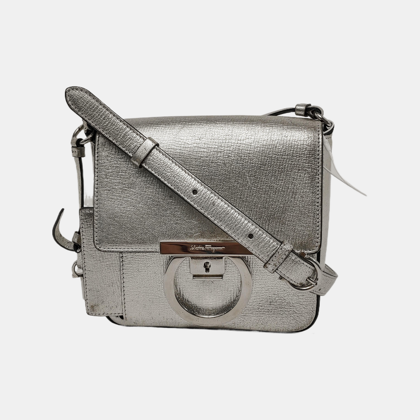 FERRAGAMO Silver Cowhide Crossbody Bag Shoulder Bag Silver Hardware-(SKU)-944296503