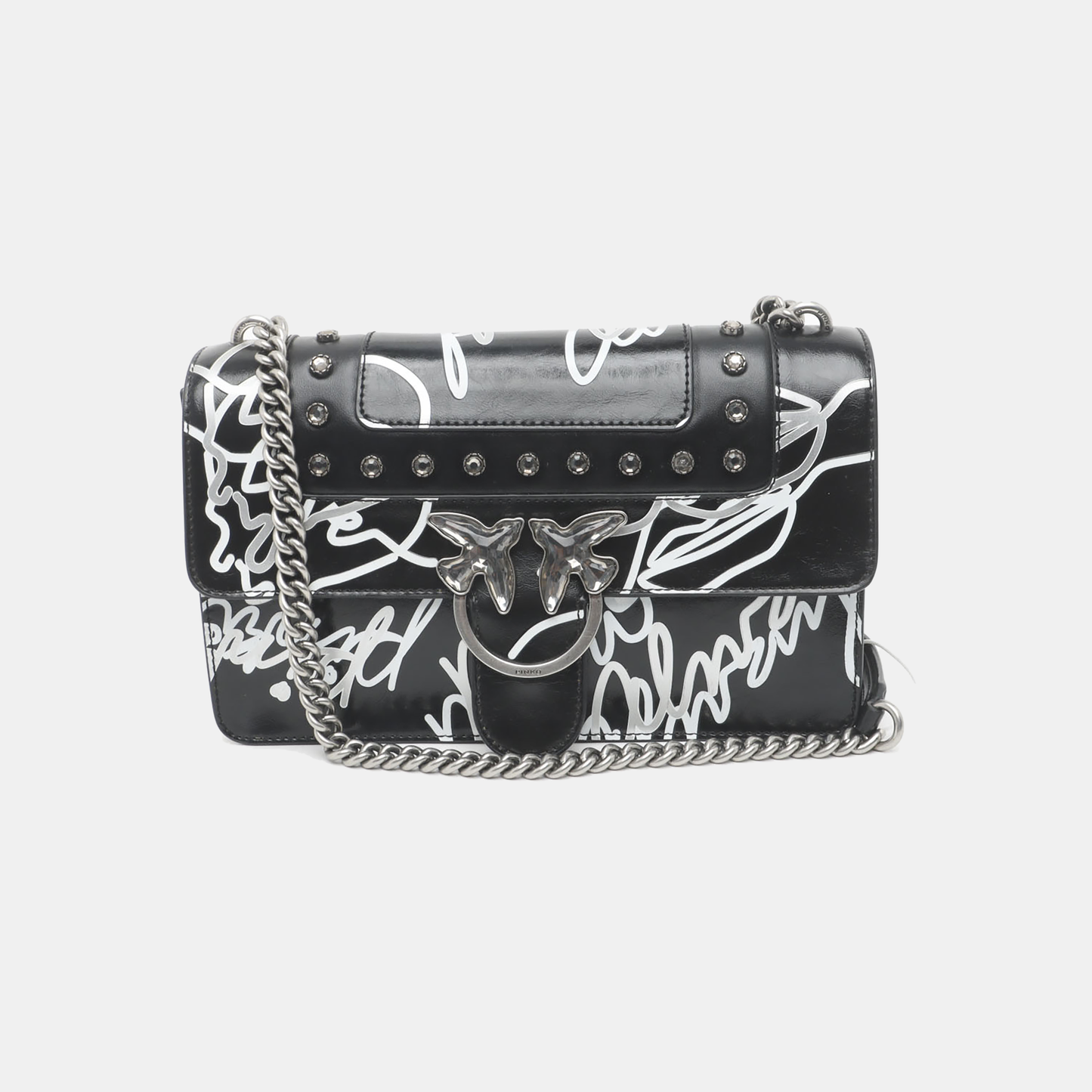 PINKO Mini Love Black Leather Stud Printed Crossbody Single Shoulder Bag Silver Hardware-(SKU)-936420003