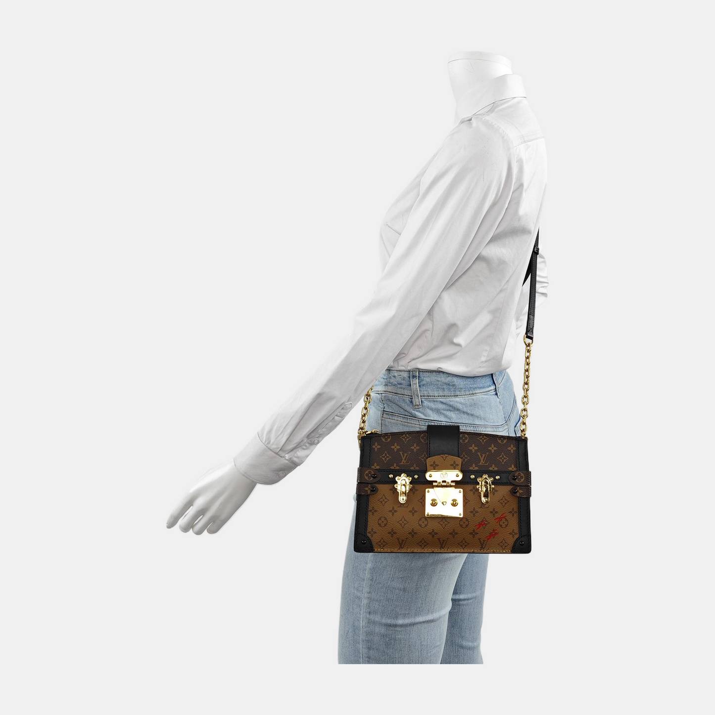 LOUIS VUITTON TRUNK Brown Coated Canvas Monogram Crossbody Bag Shoulder Bag Golden Hardware Removable Strap Accessories Included-(SKU)-943345800