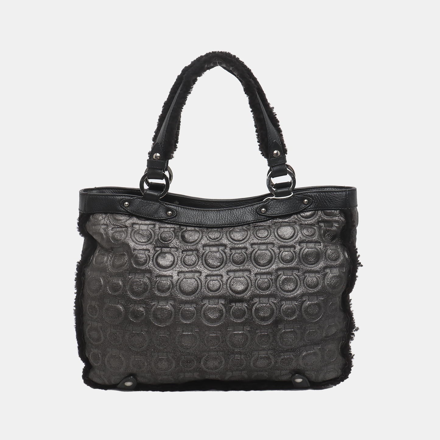 FERRAGAMO Marissa Dark Gray Fabric Textured Handbag Silver Hardware-(SKU)-928999227