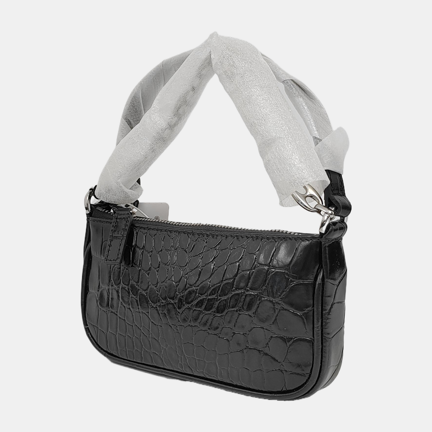 BY FAR Black Leather Crocodile Pattern Handbag Silver Hardware-(SKU)-944296444