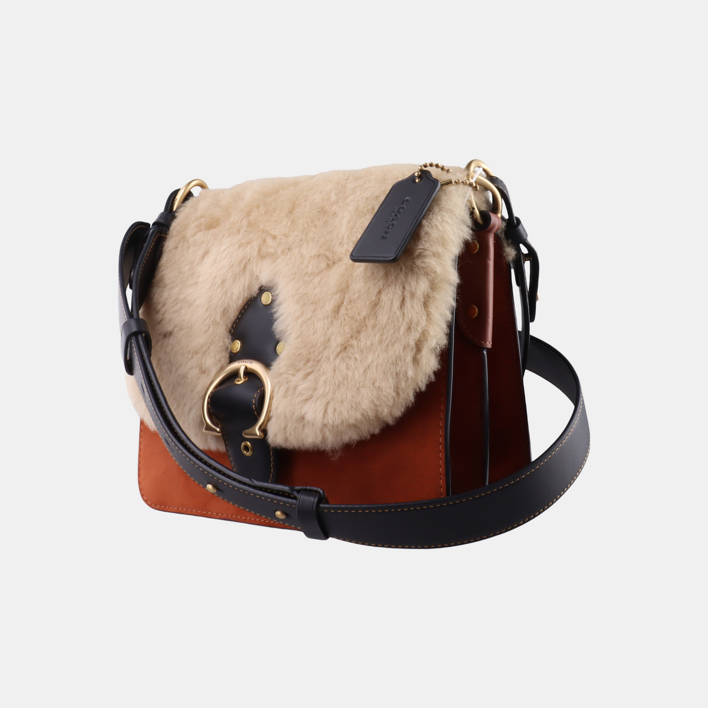COACH BEAT Beige Fabric Stud Single Shoulder Bag Crossbody Bag Golden hardware shoulder straps-(SKU)-13839887