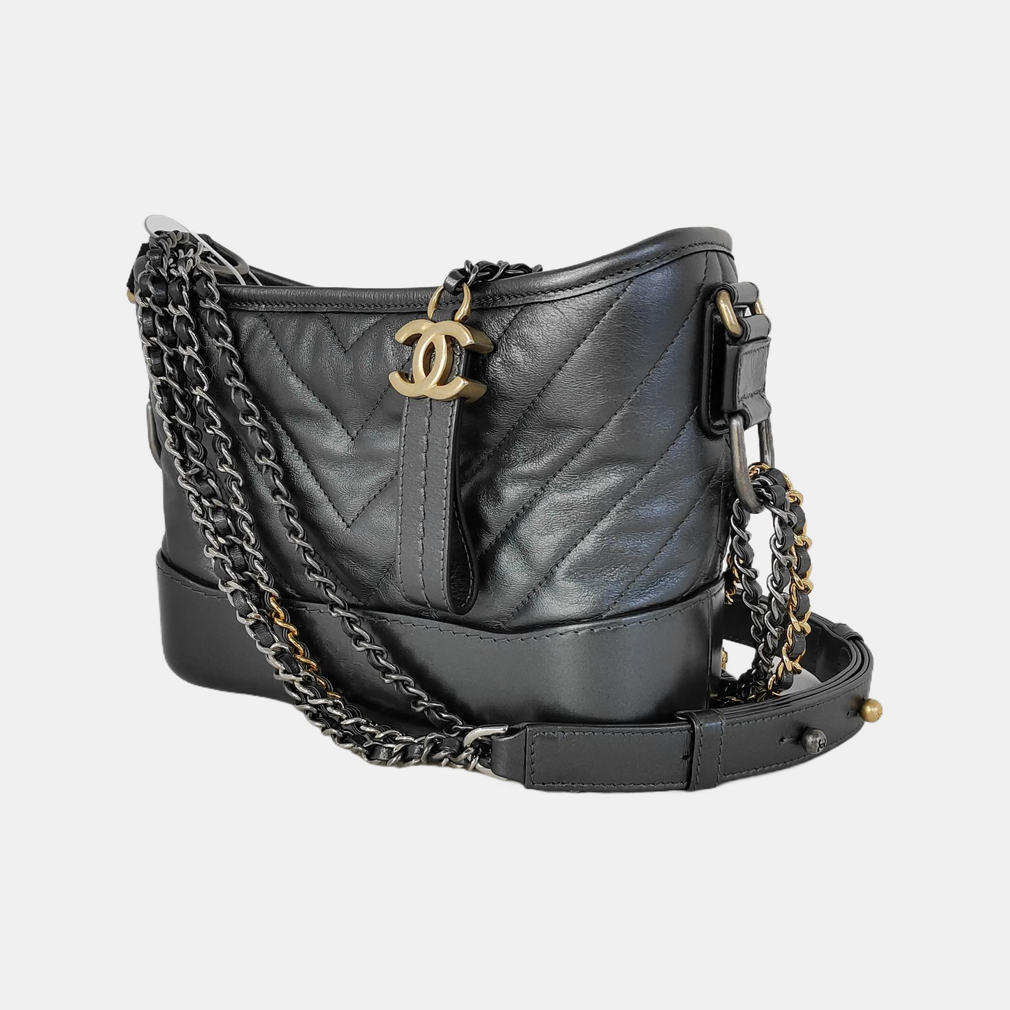 CHANEL GABRIELLE Small size deep grey leather quilted V pattern Gabrielle bag shoulder bag crossbody bag with gold silver ruthenium hardware 28 opening and removable shoulder strap-(SKU)-943365638