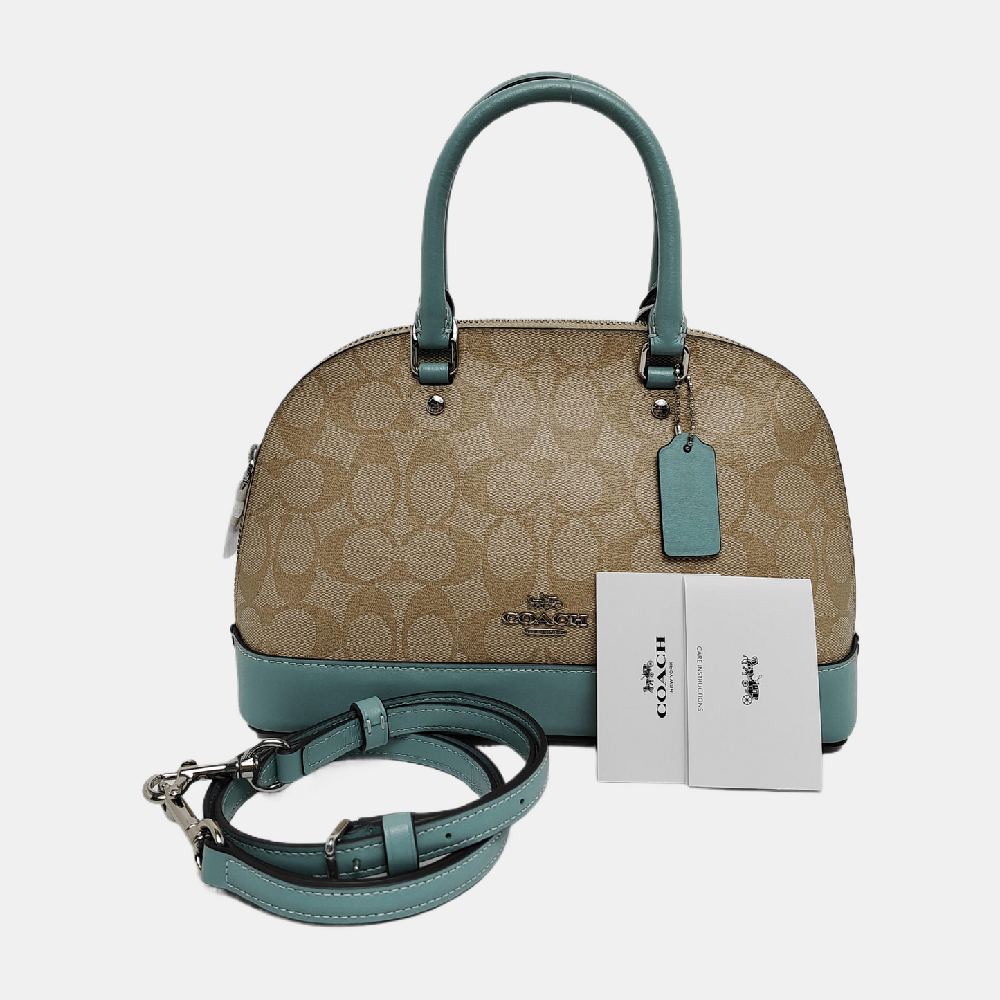COACH SIERRA Khaki Coated Canvas Monogram Single Shoulder Bag Crossbody Tote Bag Silver Hardware Removable shoulder strap-(SKU)-942239694