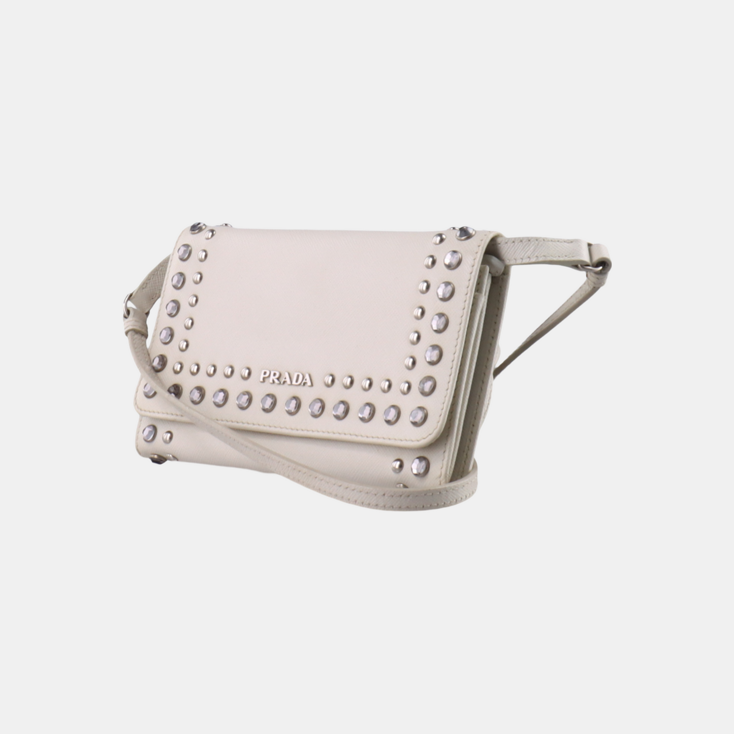 PRADA White Cowhide Crisscross Studs Single Shoulder Bag Crossbody Bag Silver Hardware Removable shoulder strap-(SKU)-935053572