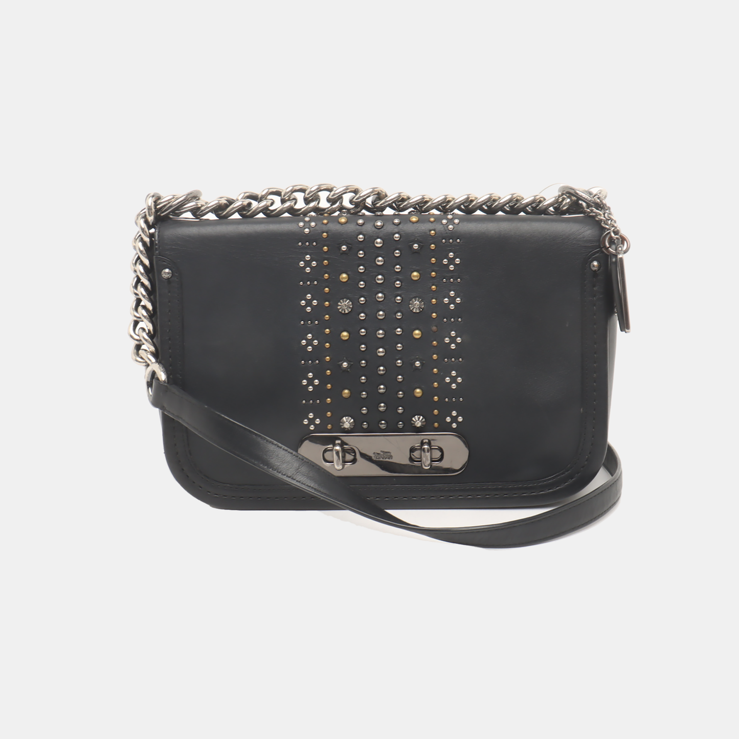 COACH SWAGGER Black Leather Studs Inlay Crossbody Bag Single Shoulder Bag Golden silver ruthenium color hardware-(SKU)-939036502