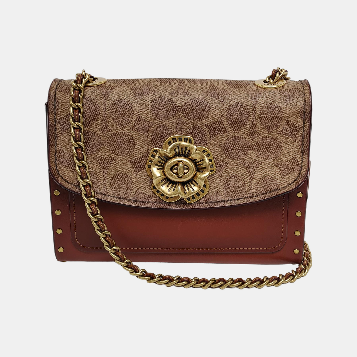 COACH PARKER 18 Brown Coated Canvas Monogrammed Studs Crossbody Shoulder Bag Golden hardware-(SKU)-940154037