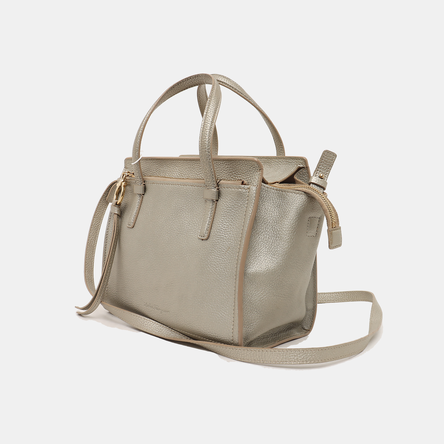 FERRAGAMO Amy Grey Leather Embossed Shoulder Bag Handbag Crossbody Golden hardware Removable shoulder strap-(SKU)-938858716