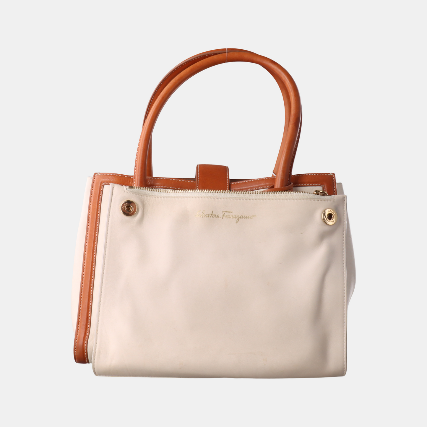 FERRAGAMO Beige Leather Tote Bag Golden hardware-(SKU)-933984180