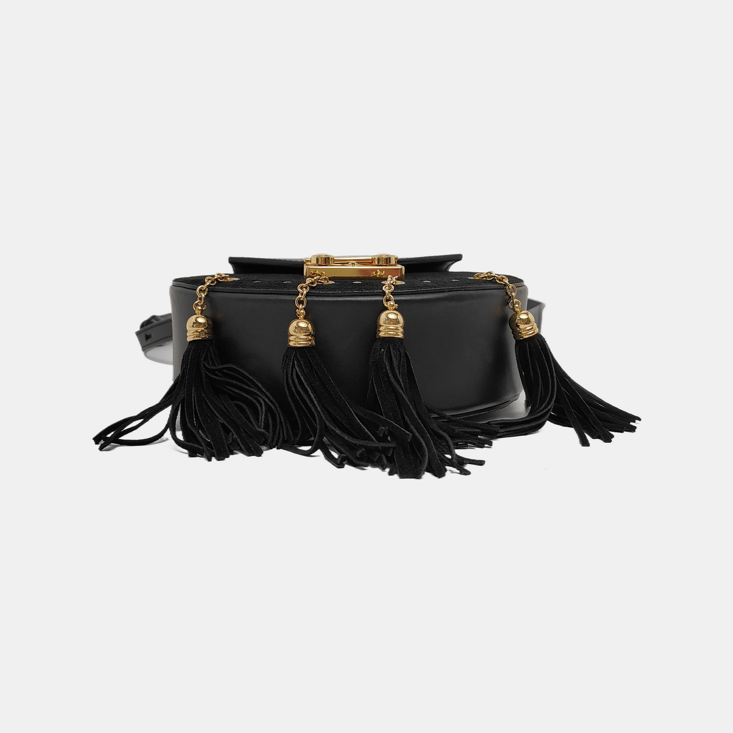 SALAR Black Suede Fringe Single Shoulder Bag Handbag Golden hardware Removable shoulder strap-(SKU)-944442053