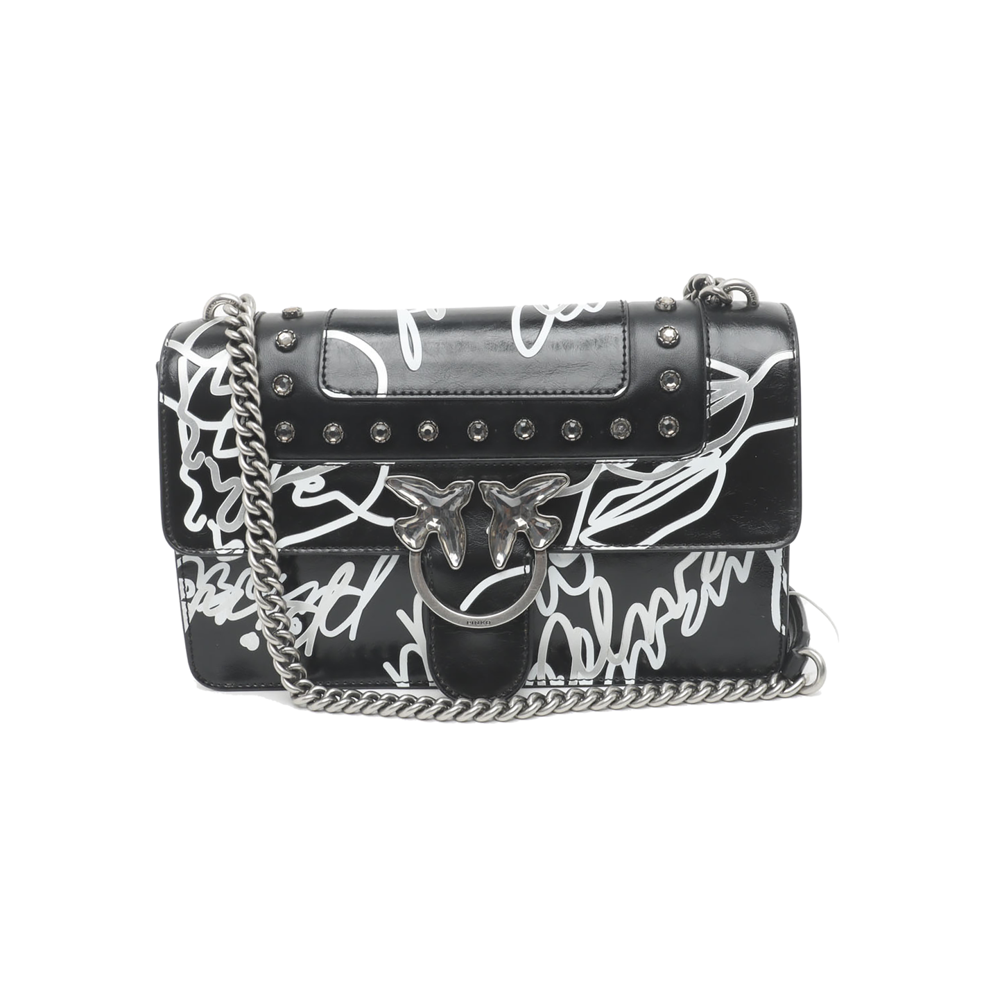 PINKO Mini Love Black Leather Stud Printed Crossbody Single Shoulder Bag Silver Hardware-(SKU)-936420003