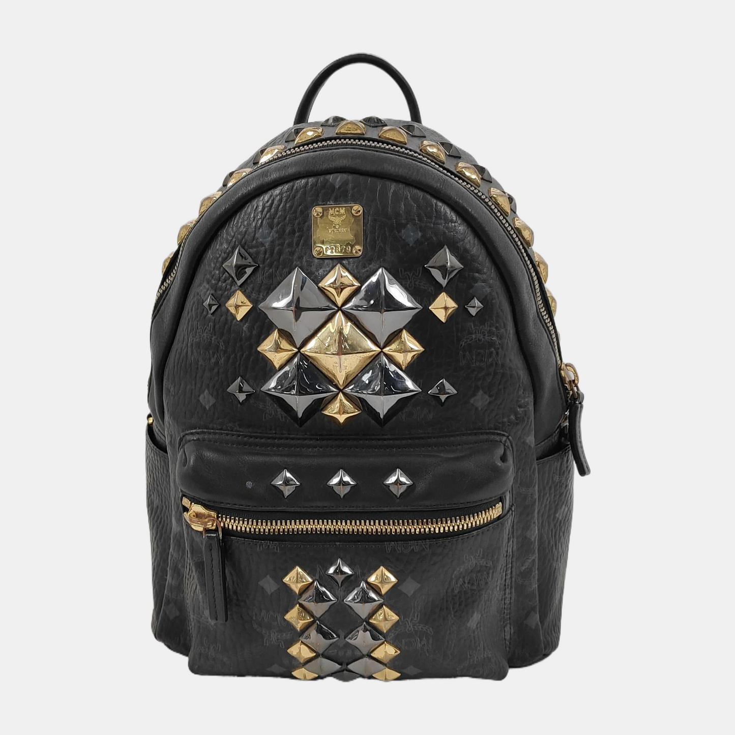MCM STARK Small size Black Coated Canvas Monogram Studs Backpack Golden hardware-(SKU)-942517154