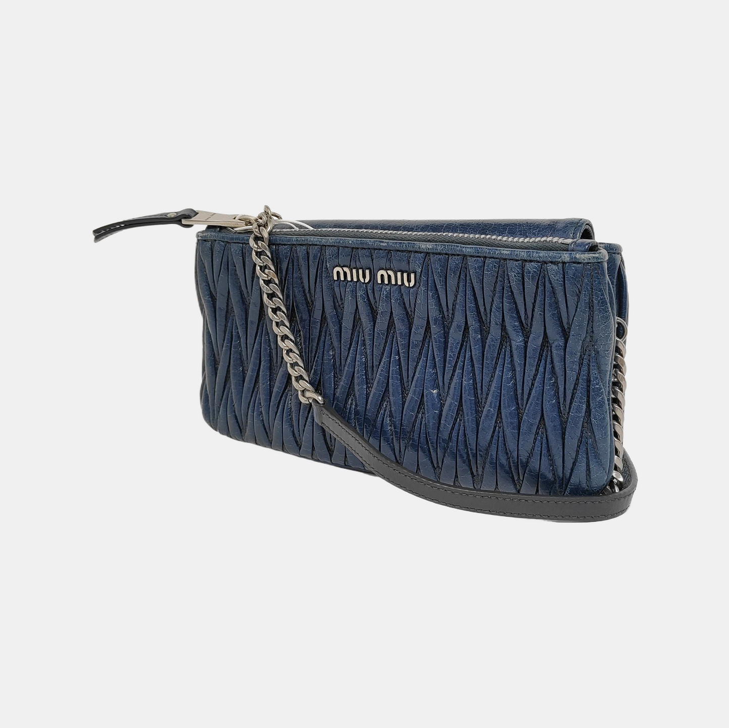 Miu Miu Dark Blue Cowhide Quilted Single Shoulder Bag Crossbody Bag Silver Hardware Removable shoulder strap-(SKU)-945298168