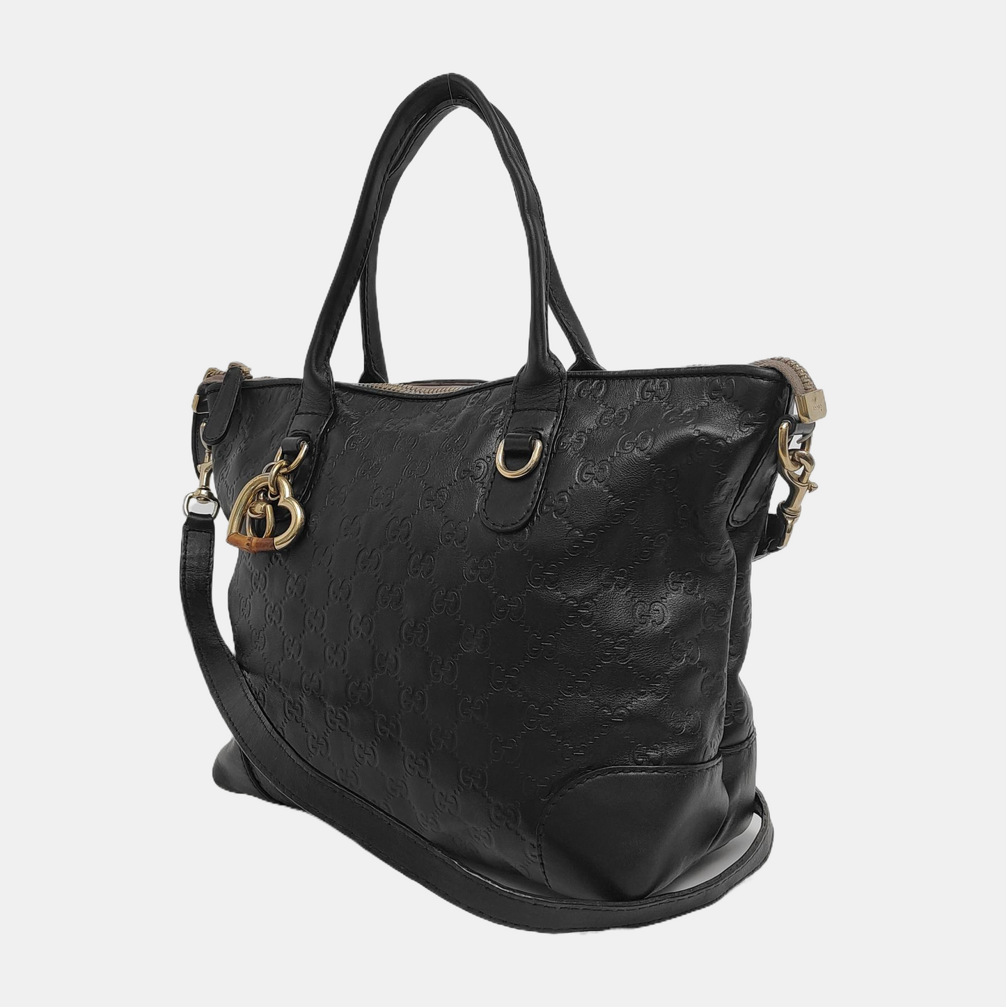 GUCCI Heart Bit Black Cowhide Monogrammed Tote Handbag Single Shoulder Bag Golden hardware Removable shoulder strap-(SKU)-944990688