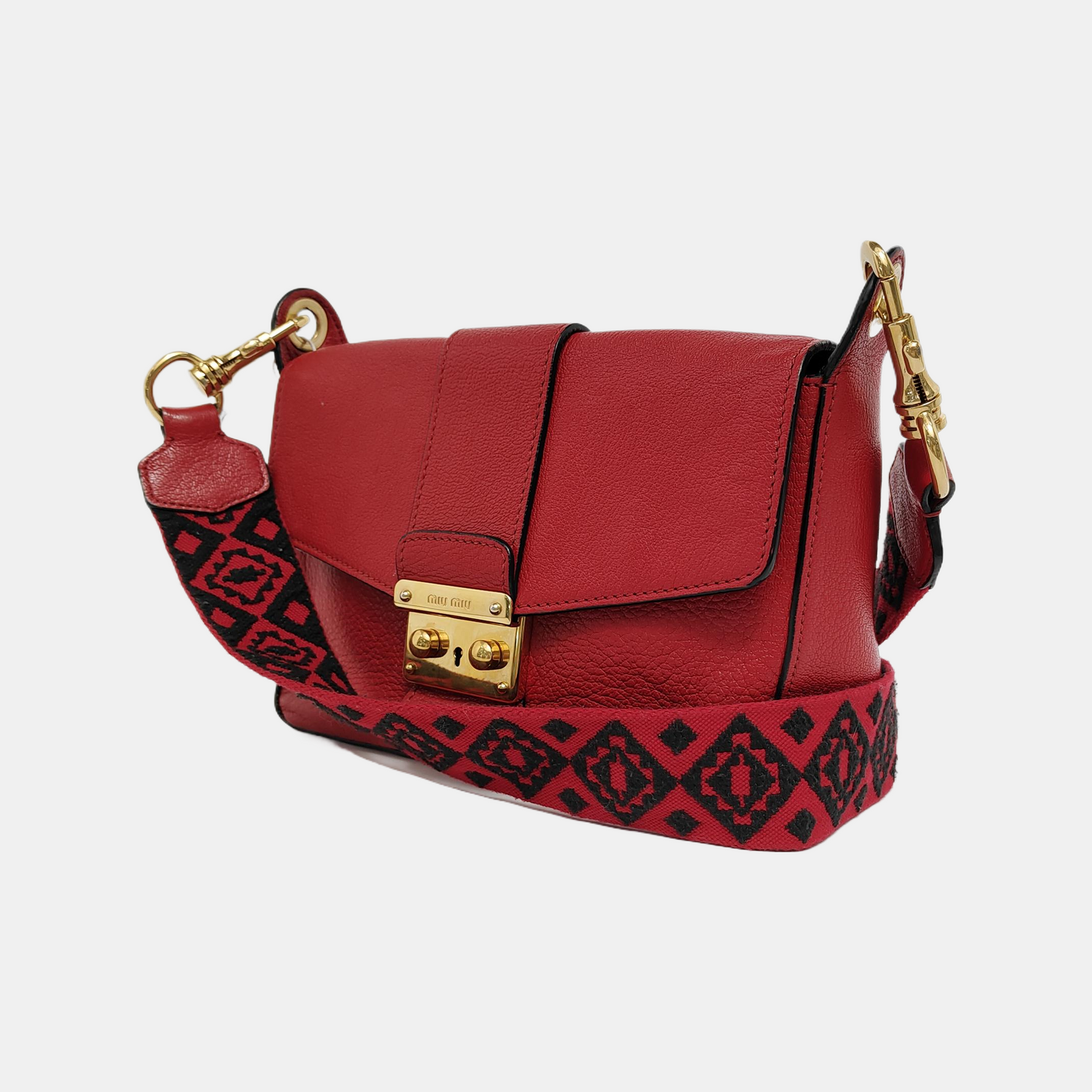 Miu Miu Red Cowhide Floral Single Shoulder Bag Tote Bag Crossbody Golden hardware Removable shoulder strap-(SKU)-945183259