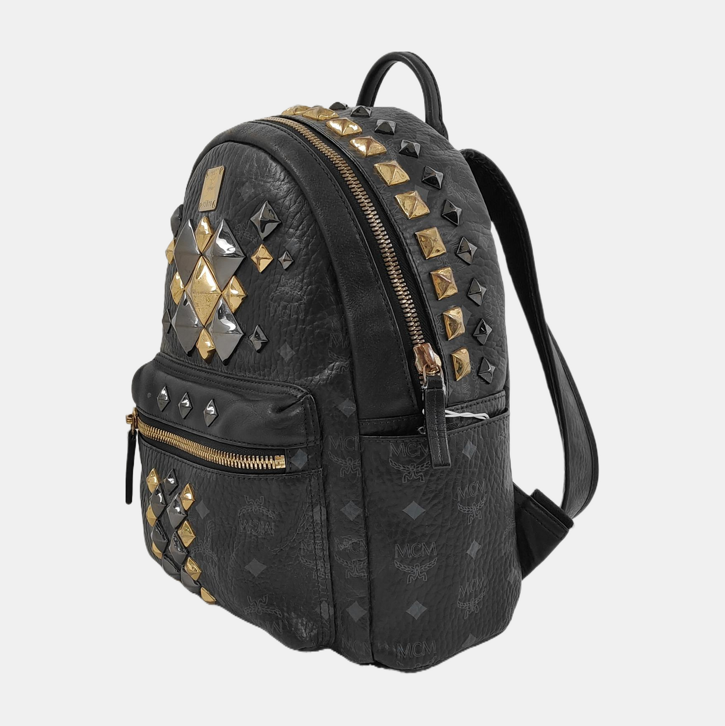 MCM STARK Small size Black Coated Canvas Monogram Studs Backpack Golden hardware-(SKU)-942517154