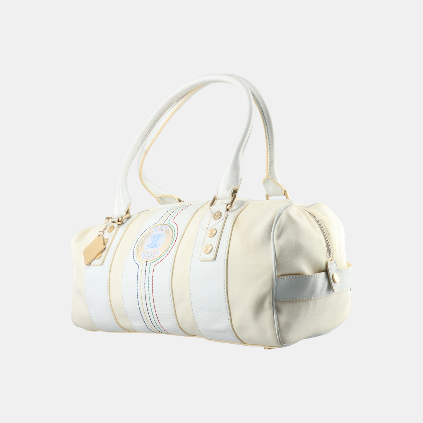 CELINE White Canvas Printed Single Shoulder Bag Handbag Golden hardware-(SKU)-13501989