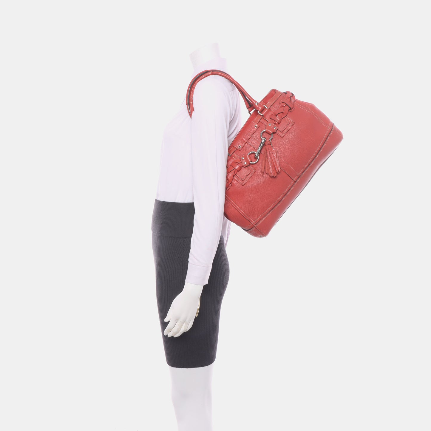 COACH HAMPTON Watermelon Red Calf Leather Fringe Weave Handbag Silver Hardware-(SKU)-928565147