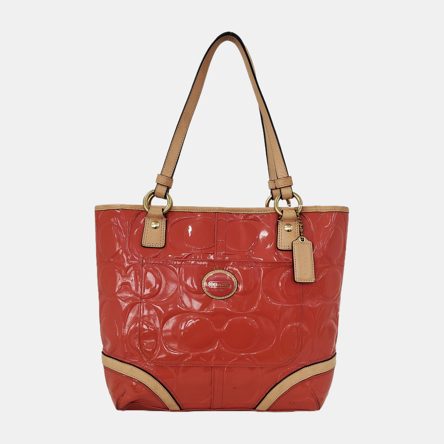 COACH Tote bag Orange Leather Old Flower Embossed Single Shoulder Bag Golden hardware-(SKU)-943933653