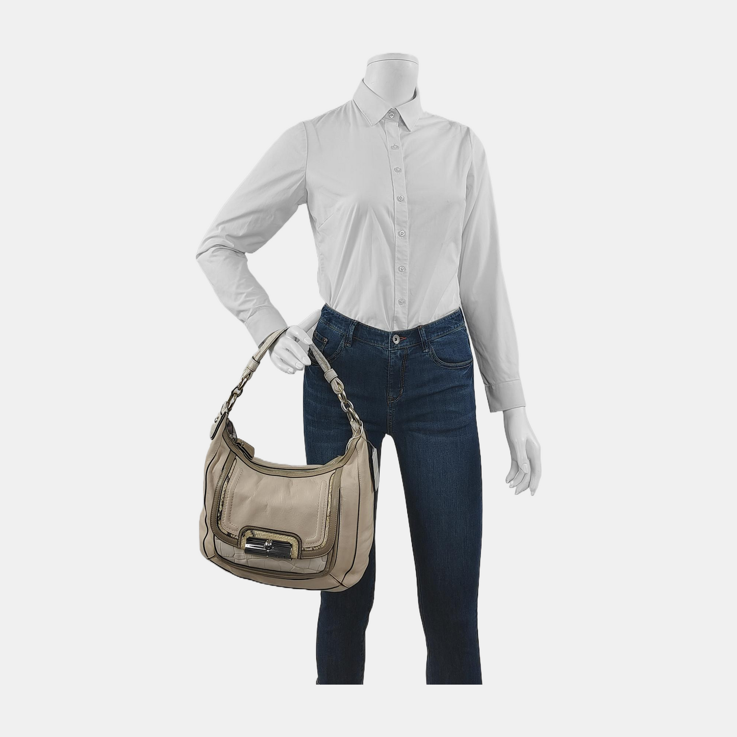 COACH Beige Leather Stamped Single Shoulder Bag Handbag Silver Hardware-(SKU)-943932252