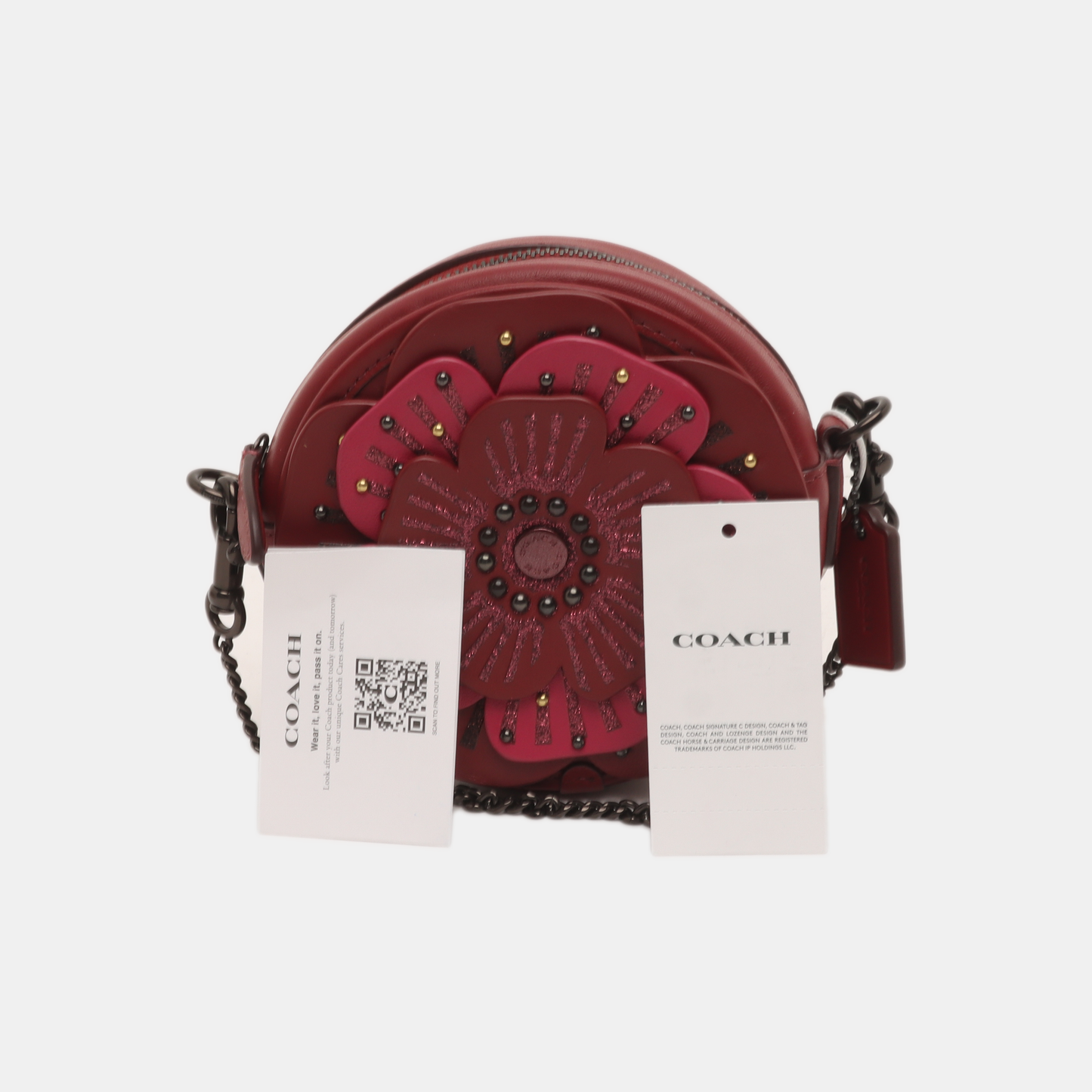 COACH Round Bun Bag Red Leather Studs Patchwork Single Shoulder Bag Crossbody Bag Black hardware Removable shoulder strap-(SKU)-14340529