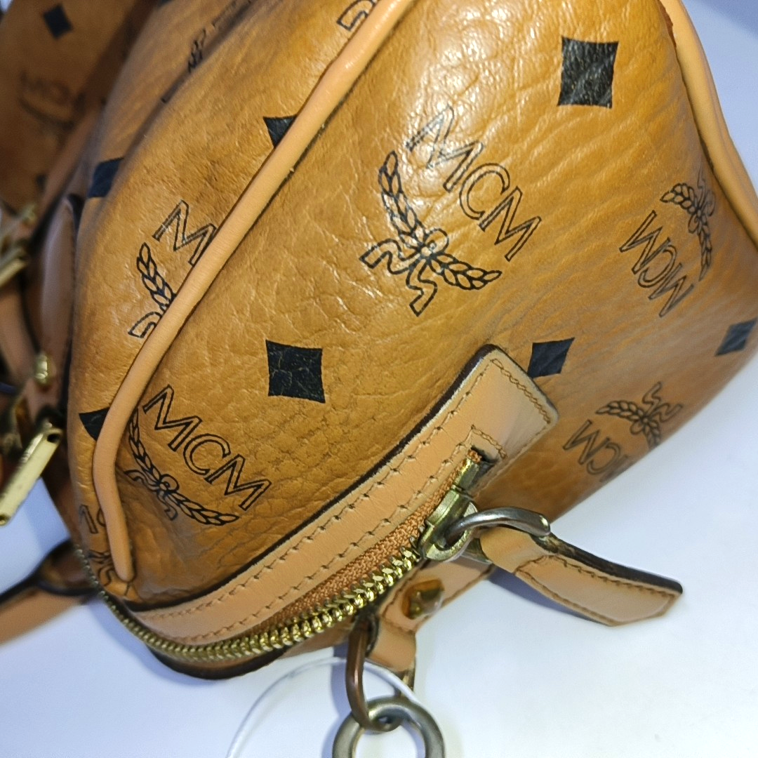MCM ESSENTIAL Cognac Coated Canvas Monogram Print Boston Bag Single Shoulder Bag Handbag Crossbody Bag Golden hardware Removable shoulder strap-(SKU)-942033097