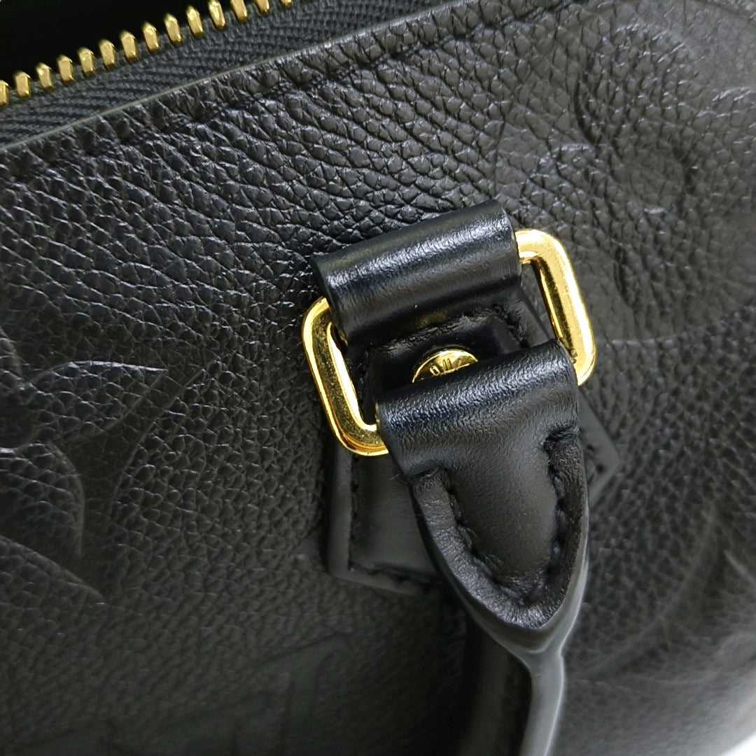 LOUIS VUITTON SPEEDY Medium-sized Black Leather Monogram Embossed Boston Bag Shoulder Bag Golden Hardware Removable Shoulder Strap-(SKU)-969021720