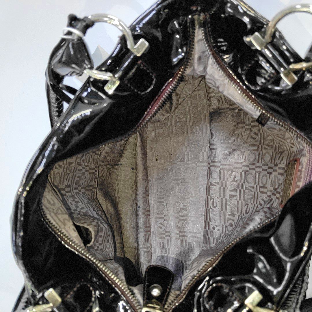 FERRAGAMO Marissa Black Patent Leather Tote Bag Silver Hardware-(SKU)-944545023